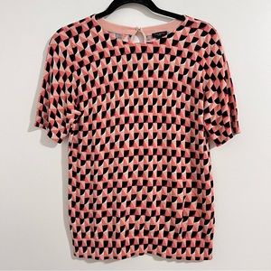 Talbots Peach and Black Geometric Sweater Top Short Sleeve Size M Petite Office